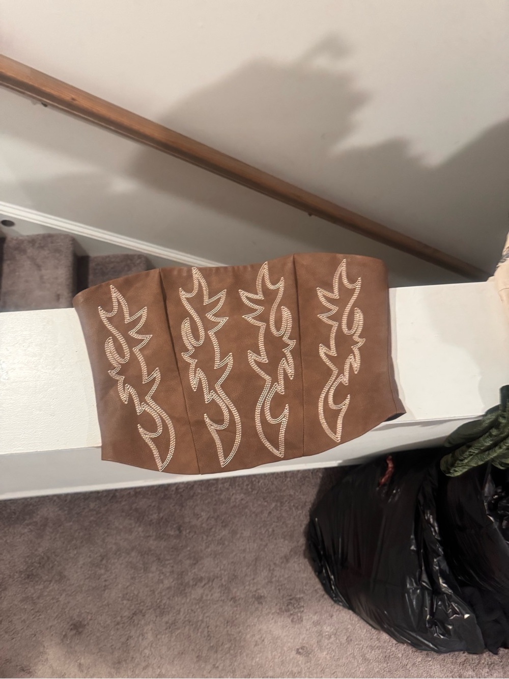 Decorative Brown Leather Wall Panel with Embroidered Cream Motif